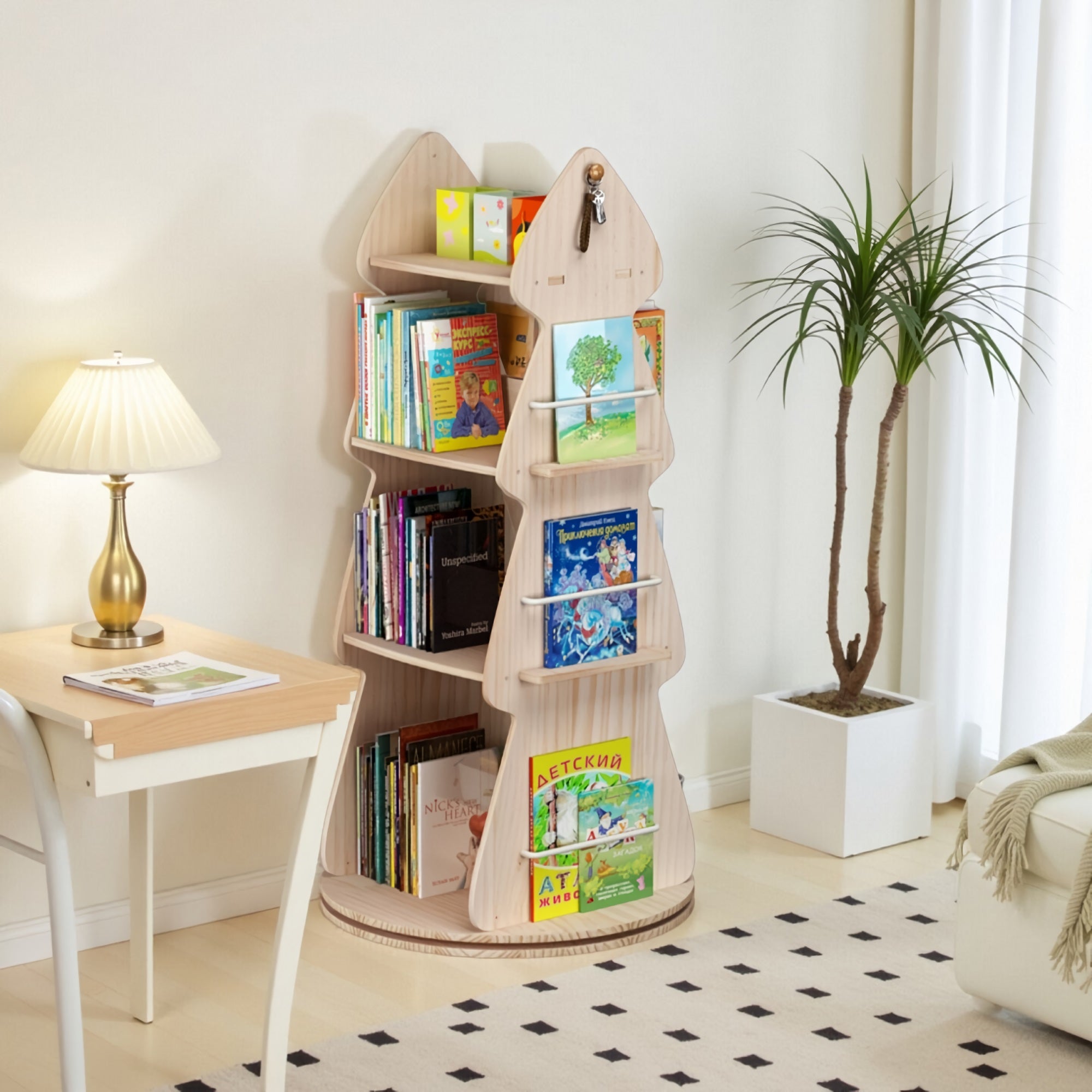 4 Tier Tree-Shaped Rotating Wooden Bookshelf, 360° Spinning Book Organizer with Double-Sided Storage for Home, Bedroom, Kids' Room, Classroom 4 Tier Tree-Shaped Rotating Wooden Bookshelf, 360° Spinning Book Organizer with Double-Sided Storage for Home, Bedroom, Kids' Room, Classroom
